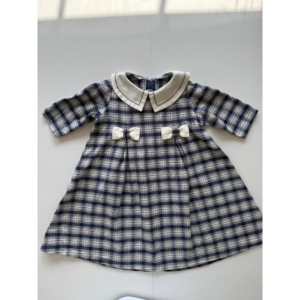 Vintage Toddler Girl‎ Plaid Dress Navy Blue White Peter Pan Collar Bows Handmade